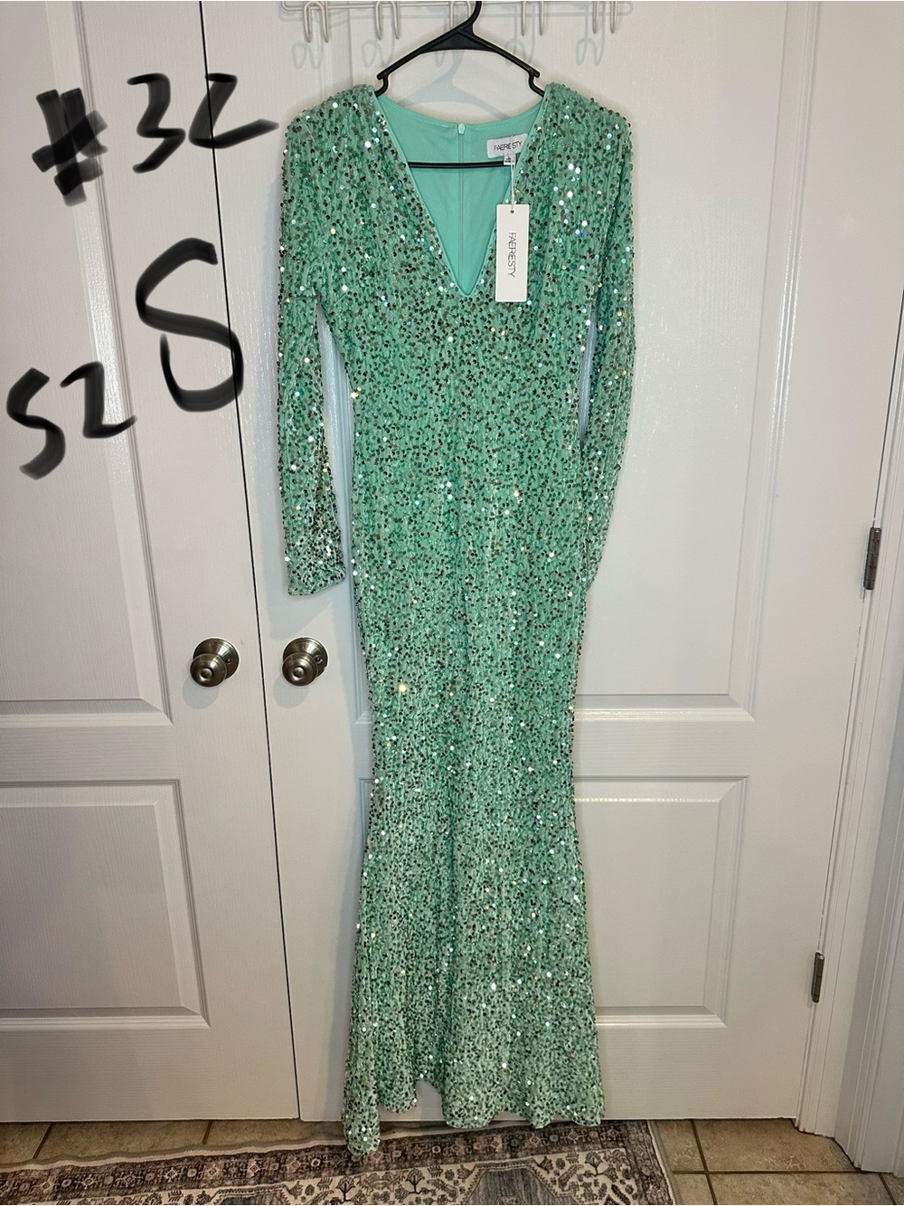 Sequin V-Neck Mint Green Long Sleeve Prom Gown